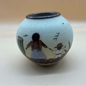 Mexican Hand-Painted Folk Art Pottery Vase Mother and Child Artist Signed
